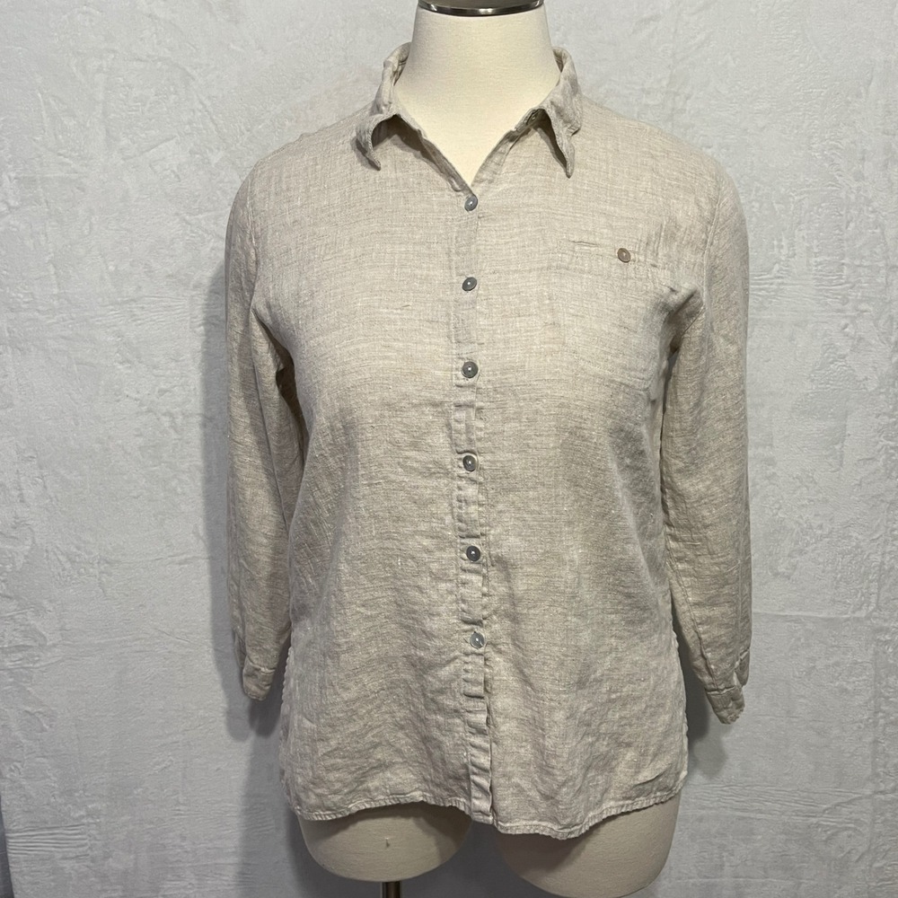 Chicos Design Linen Button Down Shirt Beige Tan Long Sleeve Size 3 Natural Fiber